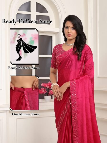 Ready To Wear Embroidered Lace Chinon Solid Plain Rani Pink Saree Sale