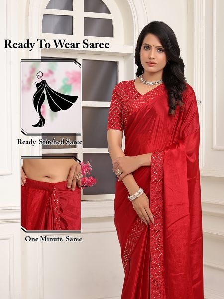 Ready To Wear Embroidered Lace Chinon Solid Plain Red Saree Sale
