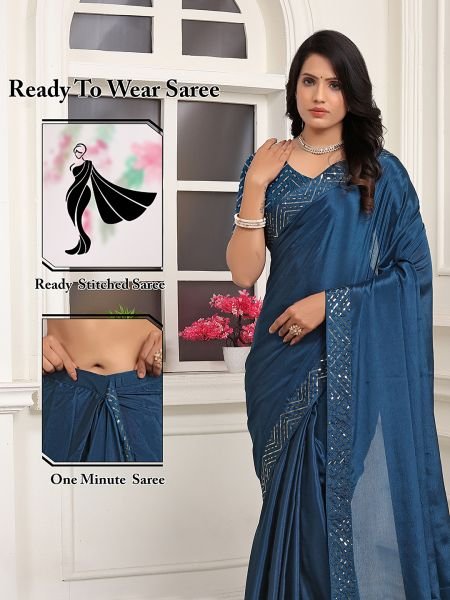 Ready To Wear Embroidered Lace Chinon Solid Plain Teal Blue Saree Ready To Wear Sarees