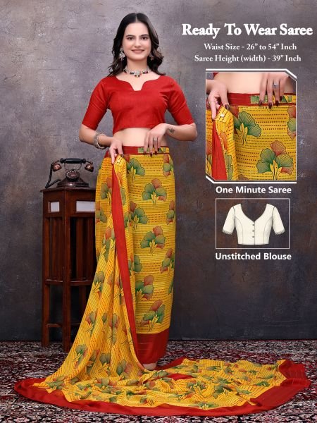 Ready to Wear Floral Leaf Printed Simmer Silk saree 