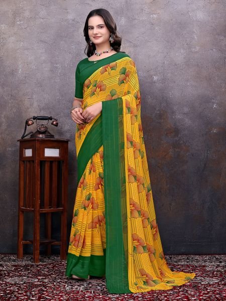 Ready to Wear Floral Leaf Printed Simmer Silk saree Ready To Wear Sarees