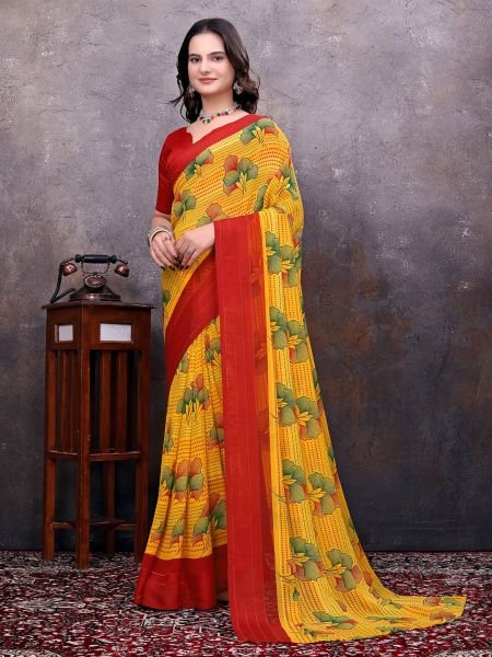 Ready to Wear Floral Leaf Printed Simmer Silk saree Ready To Wear Sarees