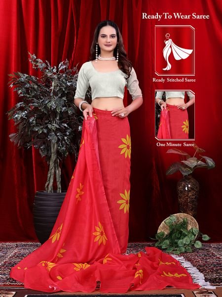 Ready to wear Floral Print Handloom Pure Linen Saree with Unstitched Blouse Piece Daily Deals