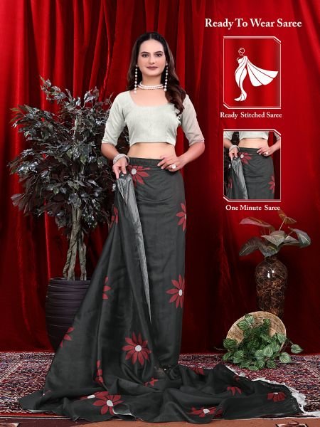 Ready to wear Floral Print Handloom Pure Linen Saree with Unstitched Blouse Piece Daily Deals
