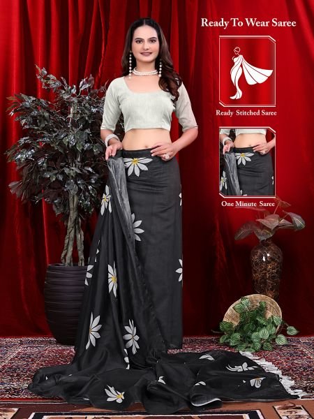 Ready to wear Floral Print Handloom Pure Linen Saree with Unstitched Blouse Piece Daily Deals