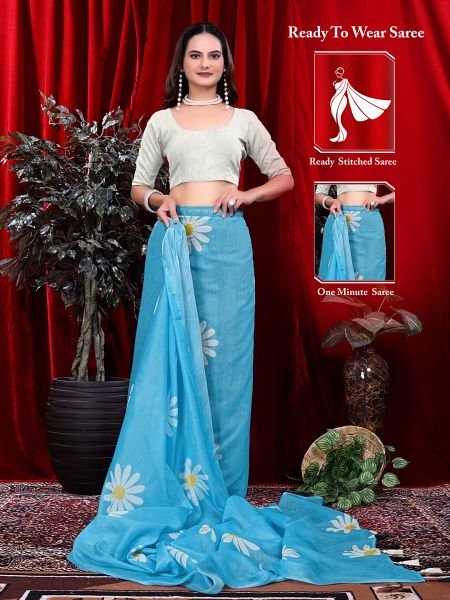 Ready to wear Floral Print Handloom Pure Linen Saree with Unstitched Blouse Piece Ready To Wear Sarees