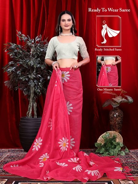 Ready to wear Floral Print Handloom Pure Linen Saree with Unstitched Blouse Piece Daily Deals