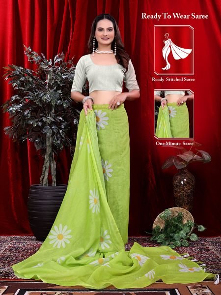 Ready to wear Floral Print Handloom Pure Linen Saree with Unstitched Blouse Piece Daily Deals