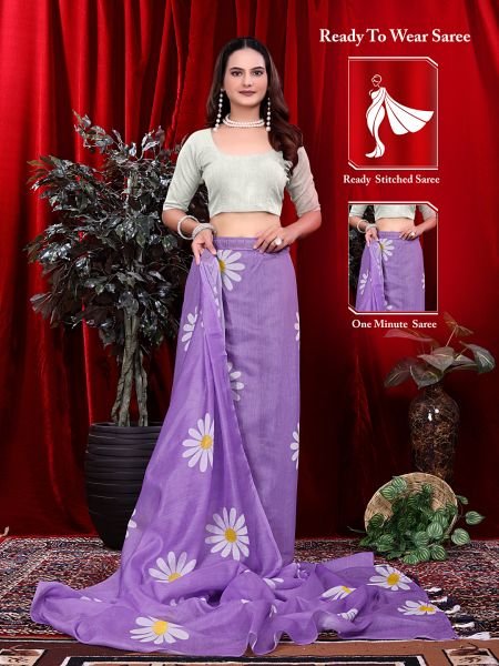 Ready to wear Floral Print Handloom Pure Linen Saree with Unstitched Blouse Piece Daily Deals