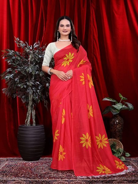 Ready to wear Floral Print Handloom Pure Linen Saree with Unstitched Blouse Piece Ready To Wear Sarees