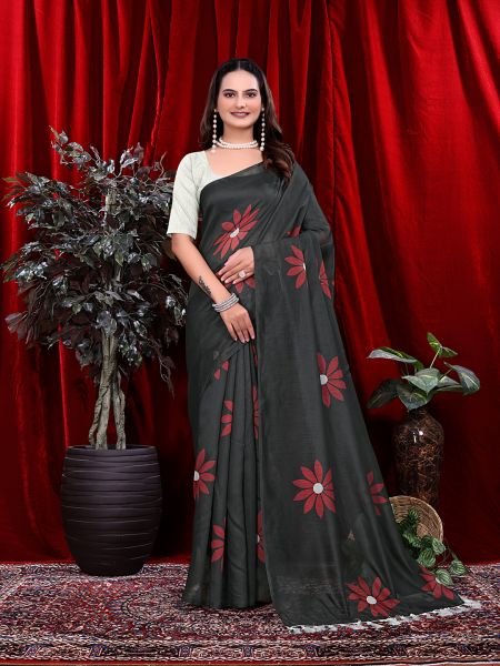 Ready to wear Floral Print Handloom Pure Linen Saree with Unstitched Blouse Piece Ready To Wear Sarees