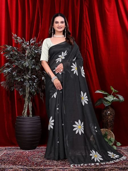 Ready to wear Floral Print Handloom Pure Linen Saree with Unstitched Blouse Piece Ready To Wear Sarees