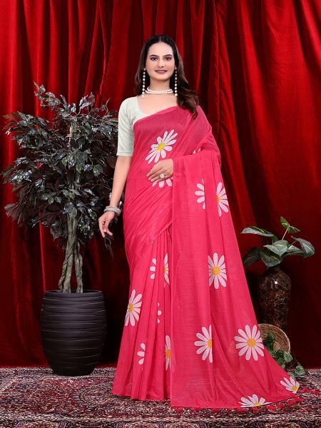 Ready to wear Floral Print Handloom Pure Linen Saree with Unstitched Blouse Piece Ready To Wear Sarees