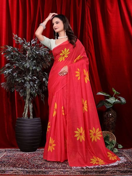 Ready to wear Floral Print Handloom Pure Linen Saree with Unstitched Blouse Piece Ready To Wear Sarees