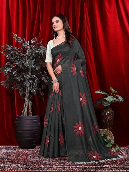 Ready to wear Floral Print Handloom Pure Linen Saree with Unstitched Blouse Piece Ready To Wear Sarees