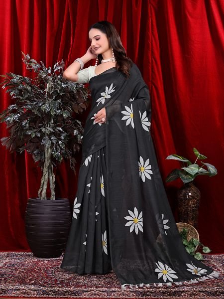 Ready to wear Floral Print Handloom Pure Linen Saree with Unstitched Blouse Piece Ready To Wear Sarees