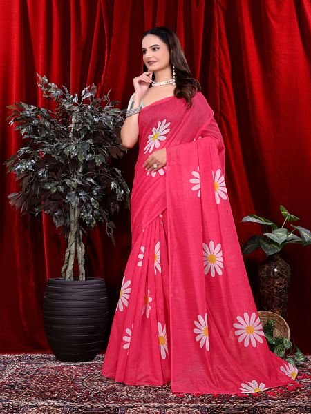 Ready to wear Floral Print Handloom Pure Linen Saree with Unstitched Blouse Piece Ready To Wear Sarees