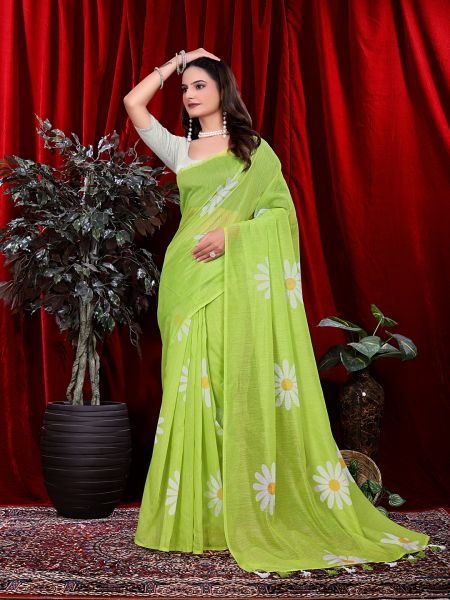 Ready to wear Floral Print Handloom Pure Linen Saree with Unstitched Blouse Piece Ready To Wear Sarees