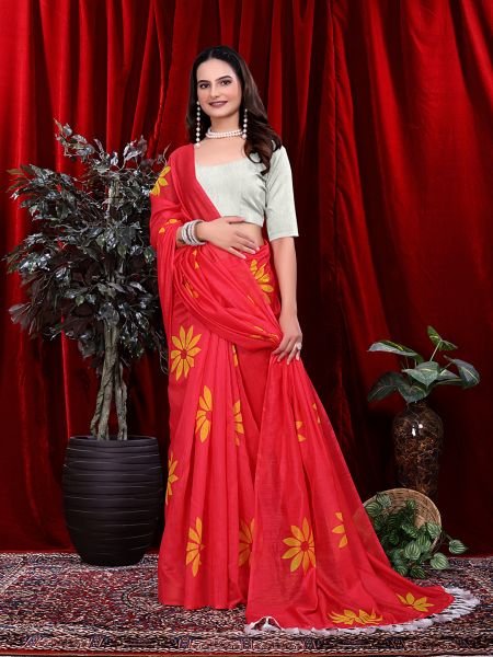 Ready to wear Floral Print Handloom Pure Linen Saree with Unstitched Blouse Piece Ready To Wear Sarees