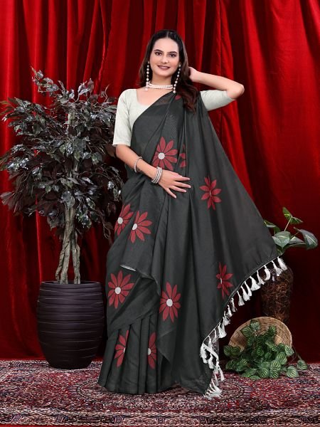 Ready to wear Floral Print Handloom Pure Linen Saree with Unstitched Blouse Piece Ready To Wear Sarees