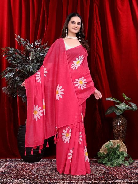 Ready to wear Floral Print Handloom Pure Linen Saree with Unstitched Blouse Piece Ready To Wear Sarees