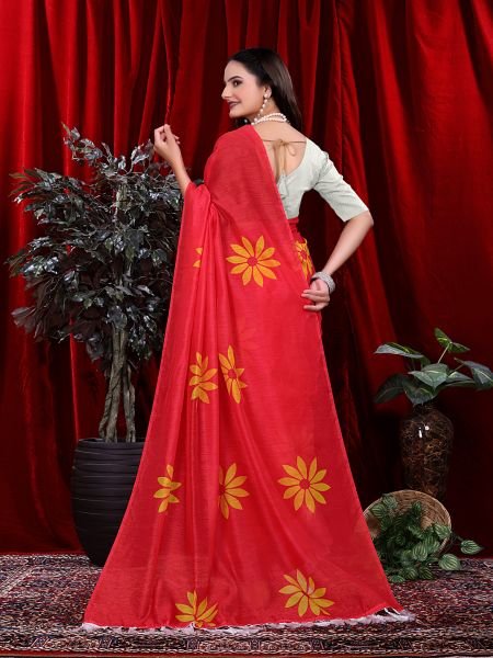 Ready to wear Floral Print Handloom Pure Linen Saree with Unstitched Blouse Piece Ready To Wear Sarees