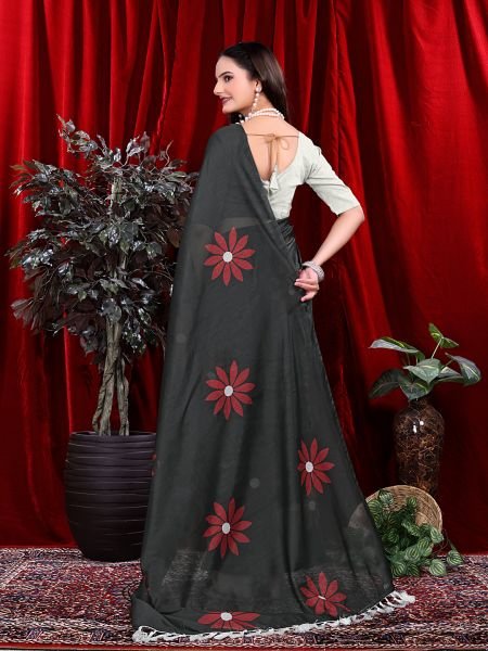 Ready to wear Floral Print Handloom Pure Linen Saree with Unstitched Blouse Piece Ready To Wear Sarees