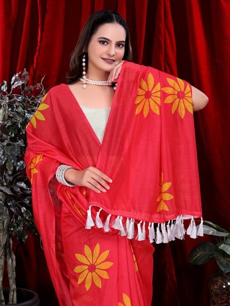 Ready to wear Floral Print Handloom Pure Linen Saree with Unstitched Blouse Piece Ready To Wear Sarees