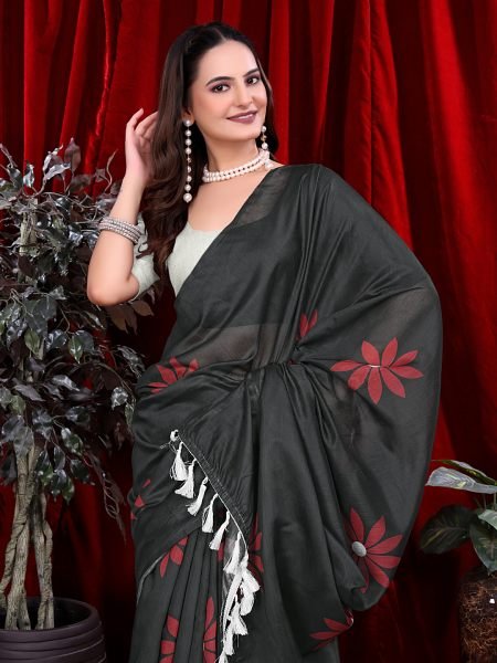 Ready to wear Floral Print Handloom Pure Linen Saree with Unstitched Blouse Piece Ready To Wear Sarees