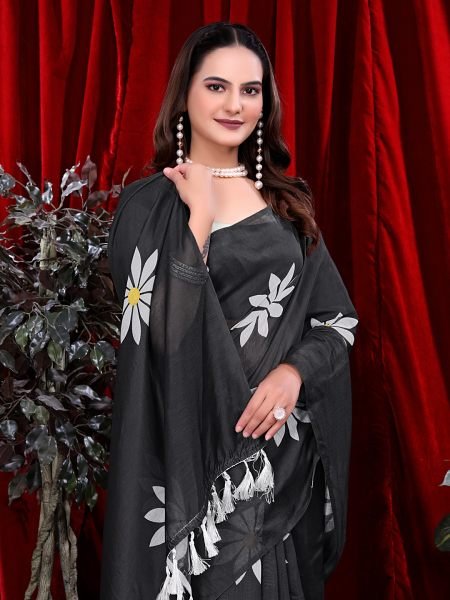 Ready to wear Floral Print Handloom Pure Linen Saree with Unstitched Blouse Piece Ready To Wear Sarees