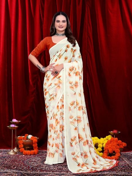 Ready to wear Floral Printed Georgette Saree Ready To Wear Sarees