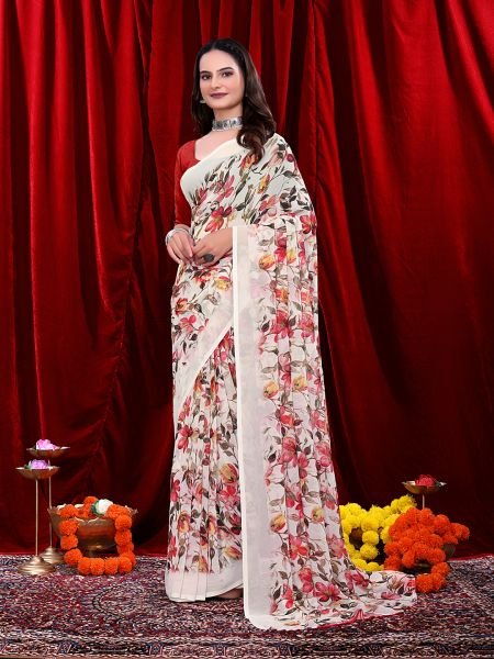 Ready to wear Floral Printed Georgette Saree Ready To Wear Sarees