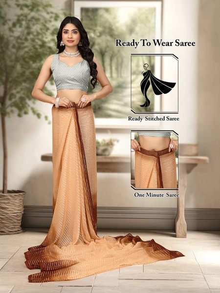 Ready To Wear Georgette Silver Zari Line Brown Saree Sale