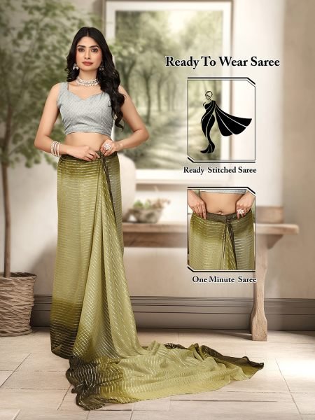 Ready To Wear Georgette Silver Zari Line Green Saree Sale
