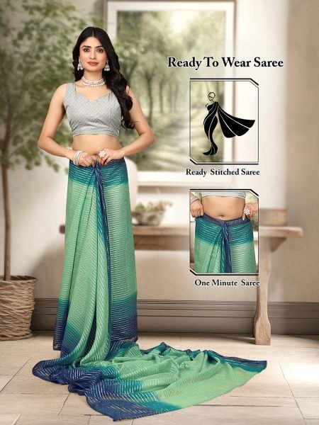 Ready To Wear Georgette Silver Zari Line Rama Saree Sale