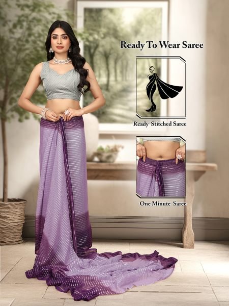 Ready To Wear Georgette Silver Zari Line Purple Saree Sale