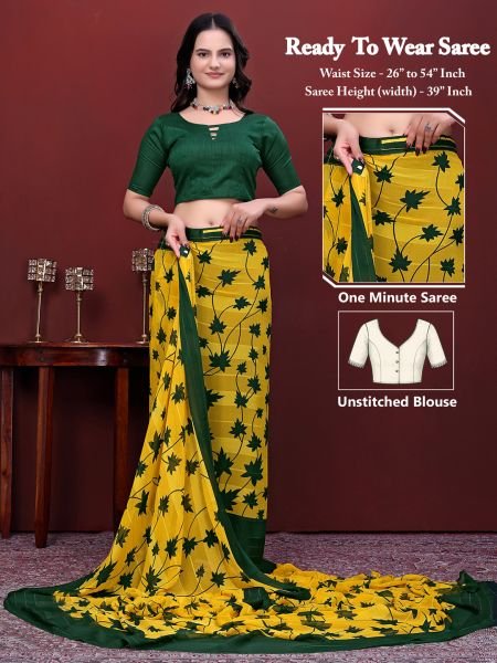 Ready-to-Wear Saree Floral Leaf Print Simmer Silk Saree Saree
