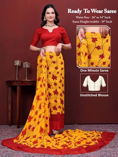 Ready-to-Wear Saree Floral Leaf Print Simmer Silk Saree 