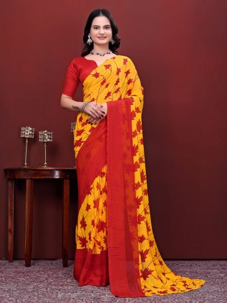 Ready-to-Wear Saree Floral Leaf Print Simmer Silk Saree Ready To Wear Sarees