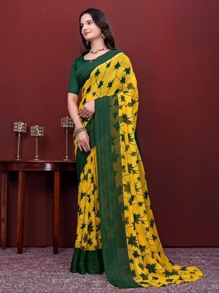 Ready-to-Wear Saree Floral Leaf Print Simmer Silk Saree Ready To Wear Sarees