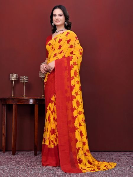 Ready-to-Wear Saree Floral Leaf Print Simmer Silk Saree Ready To Wear Sarees
