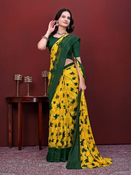 Ready-to-Wear Saree Floral Leaf Print Simmer Silk Saree Ready To Wear Sarees