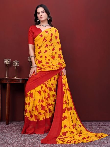 Ready-to-Wear Saree Floral Leaf Print Simmer Silk Saree Ready To Wear Sarees