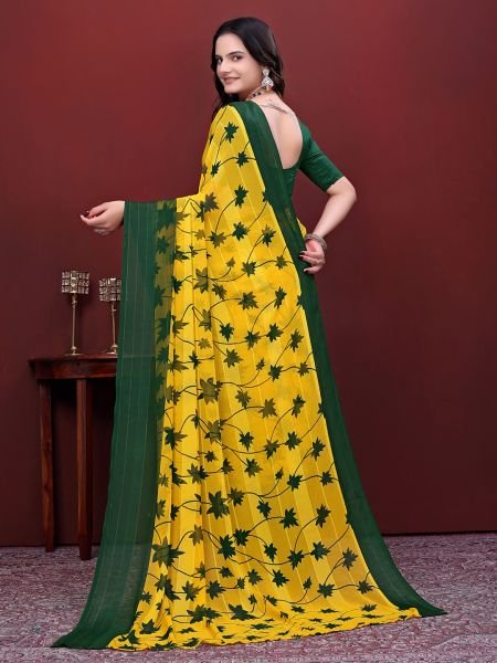 Ready-to-Wear Saree Floral Leaf Print Simmer Silk Saree Ready To Wear Sarees