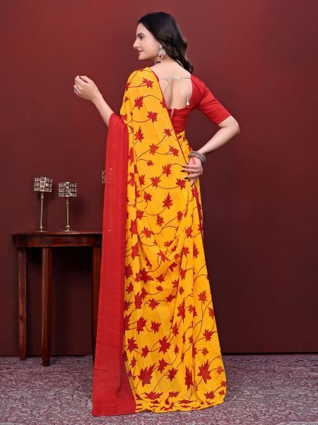 Ready-to-Wear Saree Floral Leaf Print Simmer Silk Saree Ready To Wear Sarees