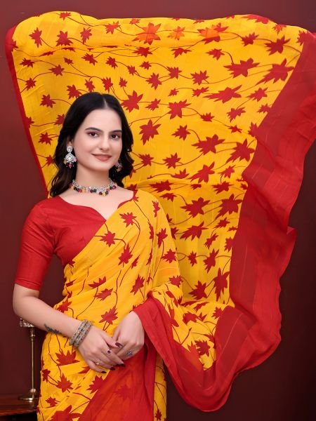 Ready-to-Wear Saree Floral Leaf Print Simmer Silk Saree Ready To Wear Sarees