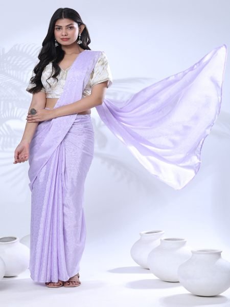 Ready To Wear Chiffon Lavender Saree With Stitch Blouse  Sale