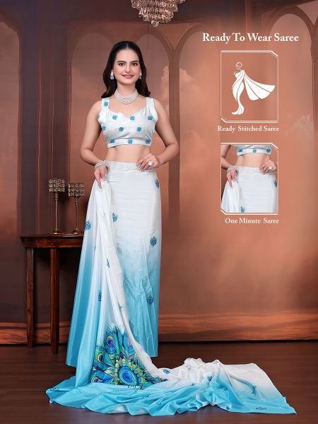 Ready to Wear Silk Crepe Floral Print Saree with Unstitched Blouse for Party Wear Daily Deals