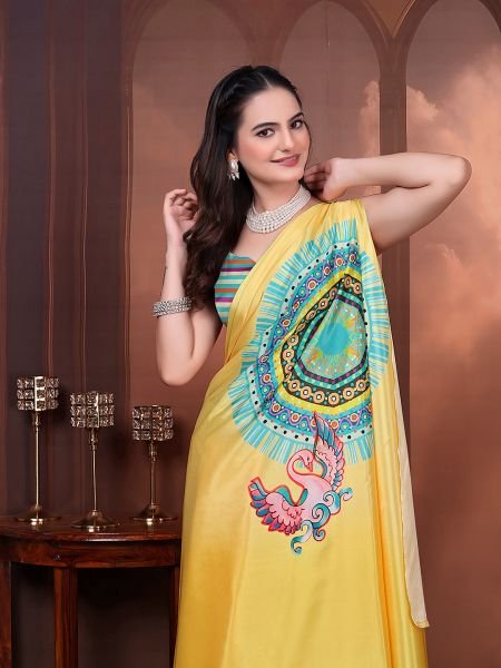 Ready to Wear Silk Crepe Floral Print Saree with Unstitched Blouse for Party Wear Ready To Wear Sarees