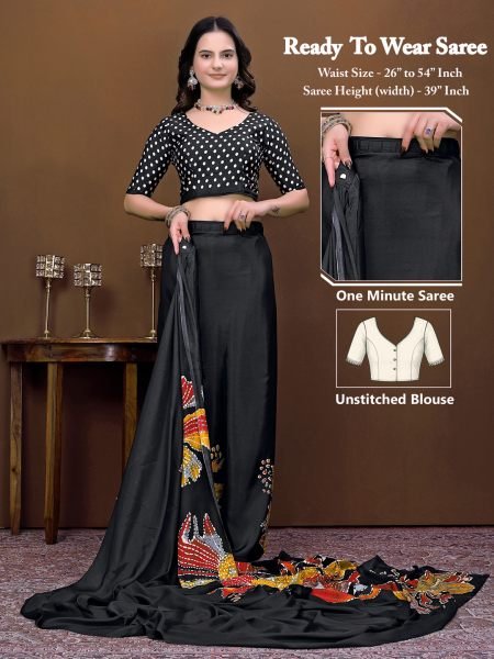 Ready To Wear Silk Crepe Saree with Neon Batik Floral Print & Polka Dot Blouse 